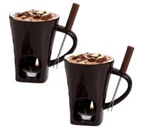 2PCS Chocolate Fondue Mug Includes Forks and Candles, 400ml*2 Ceramic Chocolate Melting Cup, with Built-in Heat Retention Structure, for Fondue, Cheese Dipping Sauces, Or Everyday Use