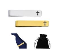 2PCs Christian Pins for Men, Gold & Silver Stainless Steel Tie Clips, Laser Engraved Cross Tie Pins with Black Velvet Pouch, Holy Communion Church Suit Accessories Christian Gifts