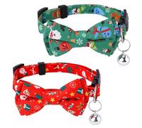 2pcs Christmas Bow Tie Cat Collar with Bells, Snowman Cat Collar Xmas Accessories for Cats Holiday Kitten Collar Red and Green Adjustable Breakaway Cat Collars for Pets