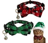 2pcs Christmas Cat Collar with Bells and Bow Tie, Christmas Plaid Cat Small Dog Collars Adjustable Quick Release Collar Breakaway Cute Xmas Themed Pet Stuff for Cats&Puppy Supplies (Red+Green)