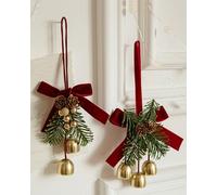 2PCS Christmas Decorations Jingle Bells & Christmas Bells 8 Inch Artificial Pinecone Bow Fireplace Hanging Decorations with Suede Bow and Green Plant, for Car, Holiday Tree, Door, Party Xmas Decor