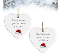 2Pcs Christmas Funny Heart Shaped Ornament, Santa Knows You've Been a Bitch Decoration, Naughty Christmas Tree Heart Hanging Ornaments, Novelty Holiday Decor Gag Gifts