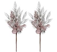 2Pcs Christmas Glitter Leaves Fern Stems with Ball Ornament, Artificial Silver and Blue Branches Artificial Glitter Berry Flowers Stem Branches Picks for Xmas Tree Vase Fillers (Pink and Silver)