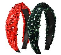 2Pcs Christmas Headbands Sparkly Knotted Headbands Red Green Glitter Christmas Hair Accessories for Women and Girls (Red and Green, One Size)