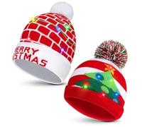 2Pcs Christmas Led Light Up Hats, Santa Hat Xmas Beanie Knitted Hats With 6 Colorful Led Novelty Christmas Gifts For Children And Adult (Beanie Knitted Hat, 02)