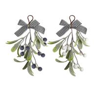 2pcs Christmas Mistle Toe Decor, 8in Artificial Mistle Toe Hanging Ornament with Plaid Bow Black and White Berries Mistle Toe Kissing Ball for Christmas Tree Picks Holiday Home Decoration