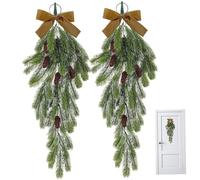 2PCS Christmas Swag 27 Inch Christmas Teardrop Swag with Pinecones & Velvet Bow Hanging Door Wreath for Winter Wall Window Home Decor Brown