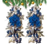 2Pcs Christmas Swag with LED 24x12in Artificial Teardrop Swag with Blue Bow, Christmas Stairs Decorations Blue Berries & Silver Leaves Hanging Christmas Swags for Front Door, Stairs, Window
