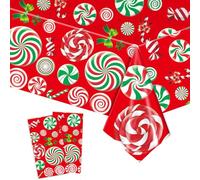 2pcs Christmas Table Cloth Party Plastic Xmas Tablecloths,137*274cm Large Candy Cane Lollipop Red Tablecloth Dinner Tablecover for Winter Holiday Christmas Party Table Decoration,Xmas Decor Tablecloth
