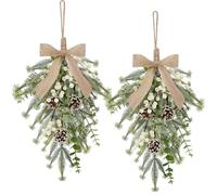 2Pcs Christmas Teardrop Swags Christmas Decorations Artificial Greenery Hanging with Pine Needles White Berries Pinecones for Front Door Winter Farmhouse Wall Window Indoor Outdoor Home Xmas Decor