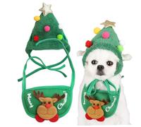 2PCS Christmas Tree Cat Hat with Cute Pom-Pom and Cute Deer Dog Bib for Pets Cat Dog Weighting 1-4kg