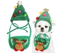2PCS Christmas Tree Cat Hat with Cute Pom Pom and Deer Dog Bib for Cats and Dogs Weighting 1 to 4kg, Christmas Pet Costume Accessories for Holiday Party