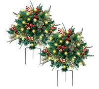 2Pcs Christmas Tree Pathway Lights with Stake 16in Artificial Christmas Tree with Berries & Pinecones Lifelike Outdoor for Patio, Yard, Garden |Lighted Holiday Displays