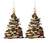 2Pcs Christmas Tree Shape Bookshelf Pendant, Acrylic 2D Christmas Ornaments, Books Stacked Hanging Little Trees Ornaments, Tree Decorations
