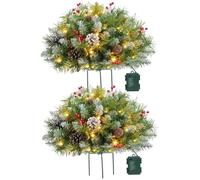 2Pcs Christmas Tree Urn Filler, Prelit Holiday Planter Filler, Battery Powered Lighted Artificial Xmas Pine Trees with Tripod Stake and LED Lights, Prelit Christmas Trees