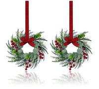 2Pcs Christmas Wreath, 10 Inch Mini Wreaths for Kitchen Cabinets, Christmas Door Wreath, Small Christmas Wreath for Fireplace Window Farmhouse Indoor Home Decorations