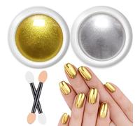 2pcs Chrome Nail Powder,Nail Glitter Powder,Chrome Po-Wder For Nai-Ls,With Small Brushes,Fine Texture,Easy To Color,Rich In Color,Durable And Long-Lasting,For Gel Na-Ils Mirror Na-Il Art(Silver+Gold)