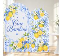 2Pcs Ciao Bambino Arch Backdrop Covers | Blue Lemon Floral Striped Pattern Arched Fabric Background for Italian Themed Baby Shower Gender Reveal Party Photo Booth
