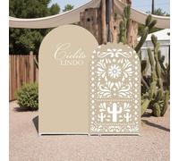 2Pcs Cielito Lindo Mexican Fiesta Arch Backdrop Covers, Beige Spandex Arch Covers with Papel Picado and Cactus Design for Wedding, Baby Shower, Birthday Party Decorations (Set of 2(6ft/7.2ft))