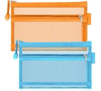 2Pcs Clear Large Pencil Case with Double Zipper, Mesh Pencil Pouch for Stationery Supplies, Special Exam Pencil Case for Kids & Adult, Cosmetic & Travel Pouch (Orange & Blue)
