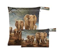 2pcs Cloth Diaper Wet Dry Bags Waterproof Africa Wildlife Elephant Reusable Washable Travel Beach Yoga Gym Bag for Swimsuits Wet Clothes
