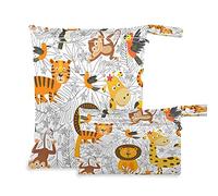 2pcs Cloth Diaper Wet Dry Bags Waterproof African Lion Giraffe Bird Leaves Reusable Washable Travel Beach Yoga Gym Bag for Swimsuits Wet Clothes