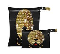 2pcs Cloth Diaper Wet Dry Bags Waterproof African Women Dark Skin Gold Hair Reusable Washable Travel Beach Yoga Gym Bag for Swimsuits Wet Clothes