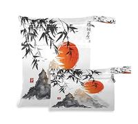 2pcs Cloth Diaper Wet Dry Bags Waterproof Bamboo Trees Red Sun Mountains Reusable Washable Travel Beach Yoga Gym Bag for Swimsuits Wet Clothes