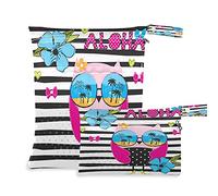 2pcs Cloth Diaper Wet Dry Bags Waterproof Cute Owl Sunglasses Hawaii Flowers Black White Stripe Reusable Washable Travel Beach Yoga Gym Bag for Swimsuits Wet Clothes