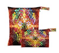 2pcs Cloth Diaper Wet Dry Bags Waterproof Ethnic Fiery Sugar Skull Reusable Washable Travel Beach Yoga Gym Bag for Swimsuits Wet Clothes