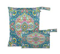 2pcs Cloth Diaper Wet Dry Bags Waterproof Ethnic Indian Floral Paisley Reusable Washable Travel Beach Yoga Gym Bag for Swimsuits Wet Clothes