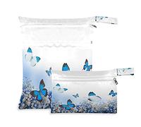 2pcs Cloth Diaper Wet Dry Bags Waterproof Floral Blue Hydrangea Butterfly Reusable Washable Travel Beach Yoga Gym Bag for Swimsuits Wet Clothes