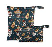 2pcs Cloth Diaper Wet Dry Bags Waterproof Mexico Sugar Skull Guitar Reusable Washable Travel Beach Yoga Gym Bag for Swimsuits Wet Clothes