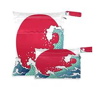 2pcs Cloth Diaper Wet Dry Bags Waterproof Ocean Waves Red Sun Reusable Washable Travel Beach Yoga Gym Bag for Swimsuits Wet Clothes