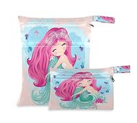 2pcs Cloth Diaper Wet Dry Bags Waterproof Sea Pink Mermaid Fish Seashells Reusable Washable Travel Beach Yoga Gym Bag for Swimsuits Wet Clothes