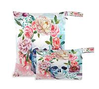 2pcs Cloth Diaper Wet Dry Bags Waterproof Watercolor Floral Flowers Sugar Skull Boho Reusable Washable Travel Beach Yoga Gym Bag for Swimsuits Wet Clothes