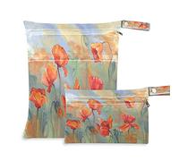 2pcs Cloth Diaper Wet Dry Bags Waterproof Watercolor Flowers Poppy Reusable Washable Travel Beach Yoga Gym Bag for Swimsuits Wet Clothes