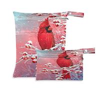 2pcs Cloth Diaper Wet Dry Bags Waterproof Winter Christmas Red Cardinal Bird Reusable Washable Travel Beach Yoga Gym Bag for Swimsuits Wet Clothes