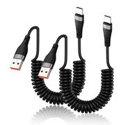 2Pcs Coiled USB A to USB C Short Cable, 1M 6A Car USB Type C Charger Cord Fast Charging Lead Spiral Cable for Huawei/Xiaomi/Samsung Galaxy S24/S23/S22/S21