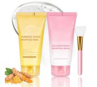 2Pcs Collagen Night Wrapping Mask & Turmeric Face Mask Duo, Overnight Peel Off Face Masks for Glowing Skin, Reduce Sagging & Dullness, Hydrating & Firming with Hyaluronic Acid, Jelly Brush Included