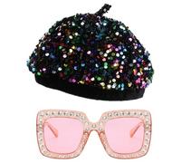 2pcs Colorful Sequin Beret Hat with Translucent Pink Diamond Sunglasses, Sparkly ABBA Hat Costume for Women, Elton John Glasses Style, Dabba Accessories for Party Festival Club Performance