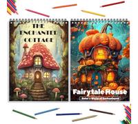2Pcs Coloring Books for Adults Relaxation Coloring Book for Women Spiral Bound Printed On One Side(The Enchanted Cottage & Magical Architecture)