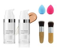 2PCS Colour Changing Foundation Featuring Moisturizing Benefits and a Natural Finish, Comes with 2 Sponges & 2 Brushes for Smooth Application, Offers Concealer and Warm Tone Adaptation