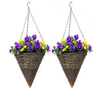 2Pcs Cone Shaped Plant Baskets with Chain Hook for Front Door | Rustic Rattan Hanging Planter Set with Plastic Liner for Flowers Vines Porch Garden Patio Wall Decor