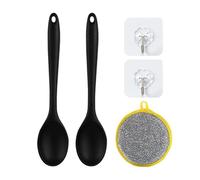 2Pcs Cooking Spoons, 2Pcs Hooks, 1Pc Cleaning Cloth, Anti-Scalding Silicone Spoon, Kitchen Utensils, Cooking Spoon, Long Handled Stirring Spoon (Black)