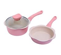 2PCS Cookware Set Non-Stick Maifan Stone Saucepan Frying Pan with Lid Even Heat Distribution Non-Slip Handle Multipurpose for Food Milk Eggs Noodles Cooking