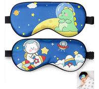 2PCS Cosmic Navy Blue Sleep Mask - Cute Cartoon Pattern Bear and Dinosaur Eye Mask for Kids Light Blocking - Relaxation Travel Naptime Indoor Rest School or Airplane