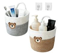 2Pcs Cotton Rope Baskets, Woven Storage Baskets with Handle and 2 Adhesive Hook, Stuffed Animal Toys Storage Basket for Nursery, Little Bear Cotton Rope Basket for Toys, Stationery Goods(Grey+Brown)