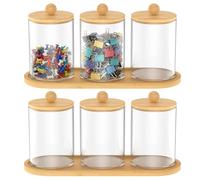 2Pcs Cotton Swab Holder Clear Plastic Cotton Ball Holder with Bamboo Wood Lid and Tray Versatile Paper Clip Dispenser for Home Office Bathroom Vanity(transparent -2 teams-3 round cups + 1 bamboo pad)