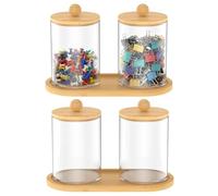 2Pcs Cotton Swab Holder Clear Plastic Cotton Ball Holder with Bamboo Wood Lid and Tray Versatile Paper Clip Dispenser for Home Office Bathroom Vanity(transparent -2 teams-2 round cups + 1 bamboo pad)
